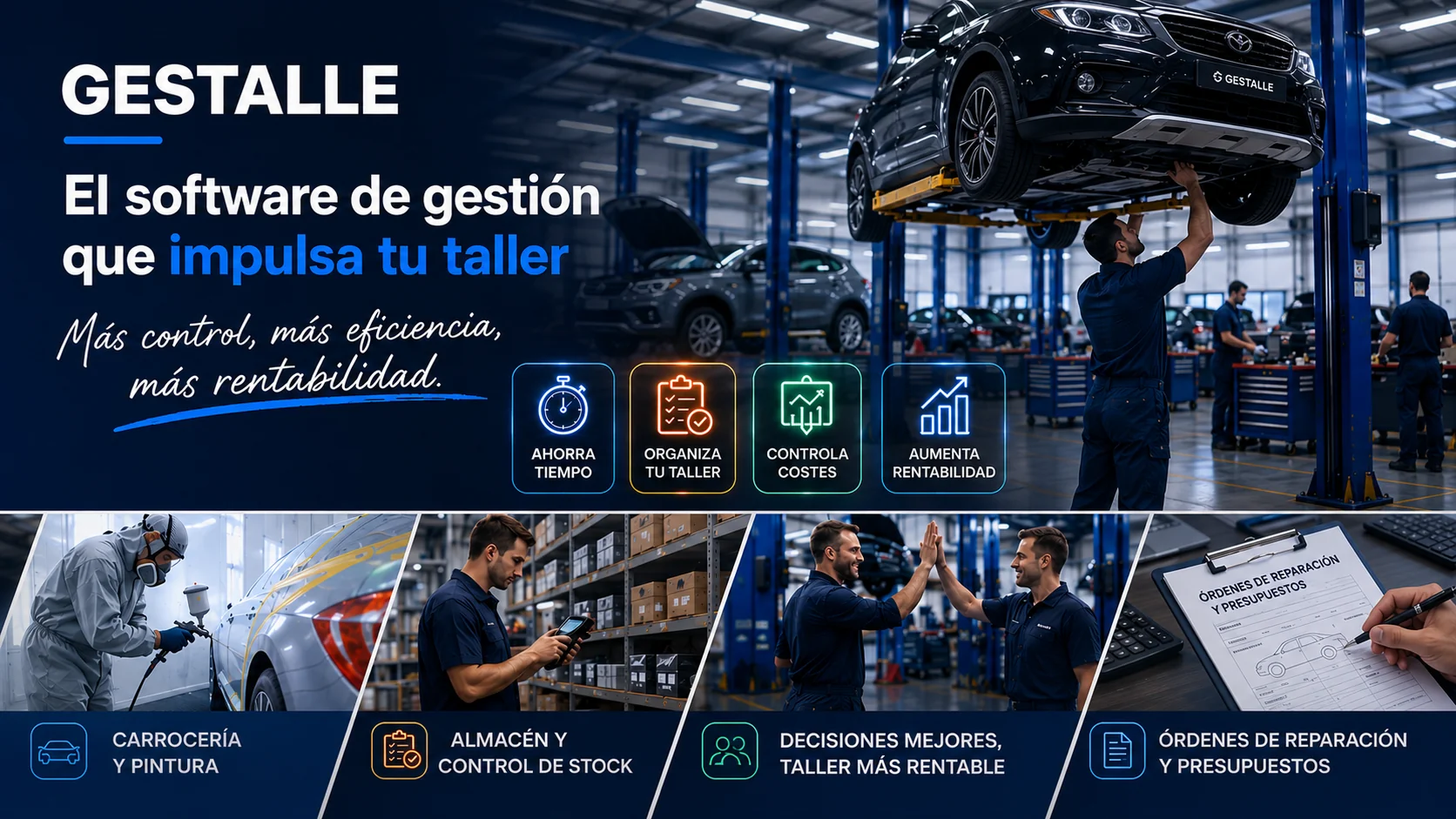 Resumen de las funciones de Gestalle para controlar la gestión, el almacén, los costes y la rentabilidad del taller